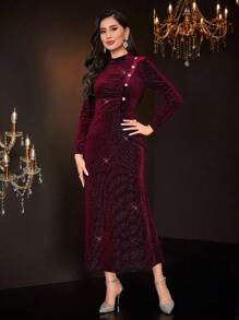 Modelyn Váy lấp lánh dài tay cổ đứng màu đỏ tía dành cho nữ - Màu Đỏ Sâu - Xem 4