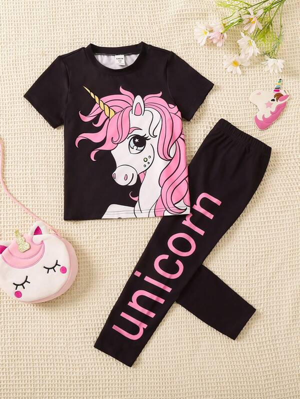 SHEIN Set Aus Kurzärmligem T-shirt Und Leggings Mit Cartoon-einhorn-aufdruck Für Kleine Mädchen