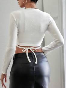 EURMUSE Wrap Front Tie Back Cropped T-Shirt - White - View 2