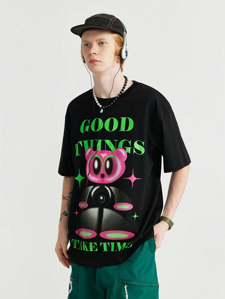 INFLATION Men's Cartoon & Slogan Print Drop Shoulder T-Shirt