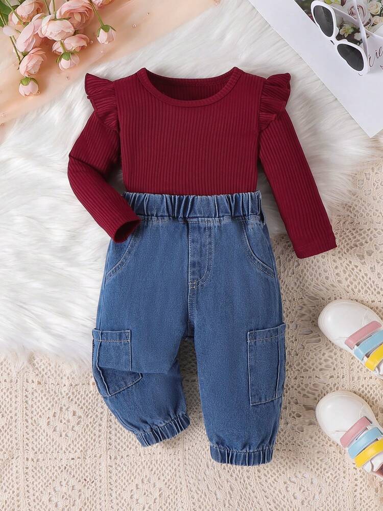 Baby Girl And Child'S Fashionable Ruffled Ribbed Long-Sleeved T-Shirt And Versatile Washed-Out Jeans Set