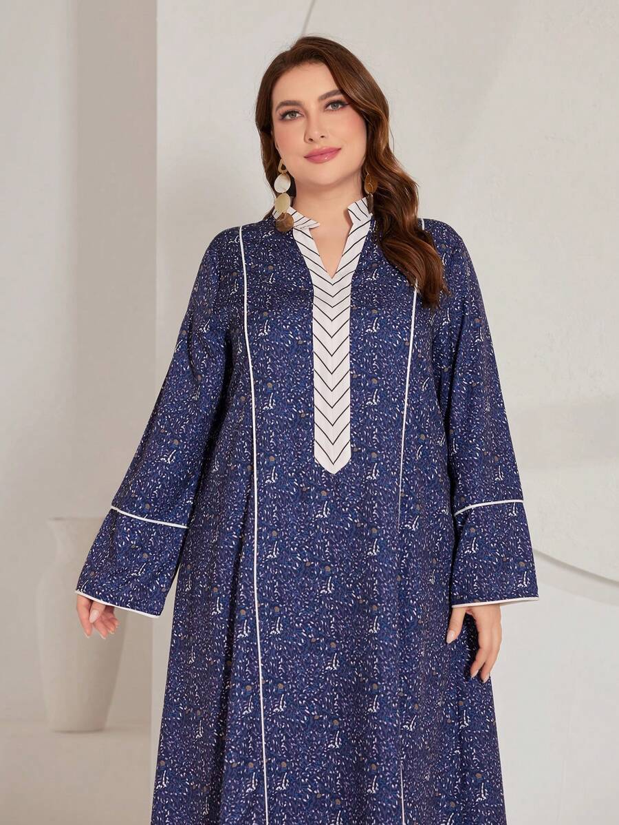 Al Najma Plus Size Women's Notch V-Neck Long Sleeve Dress Kaftan Jalabiya Dress - Multicolor - View 1