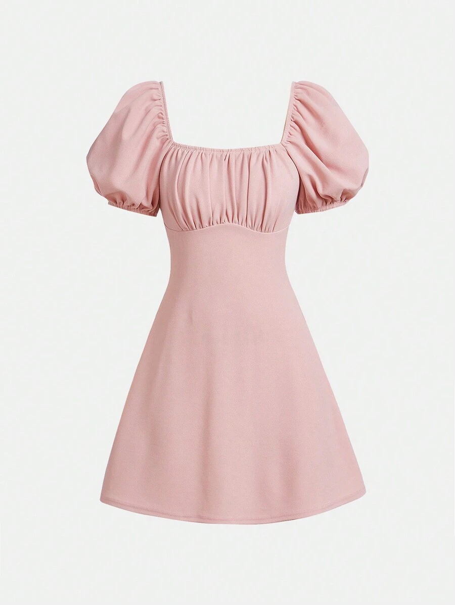 SHEIN Teen Girls' Knit Solid Color Square Neck Puff Sleeve Casual Dress - Pink - View 1