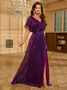 UNITHORSE 女士优雅亮片荷叶边开衩下摆短袖派对连衣裙 - 紫色 - 查看 8