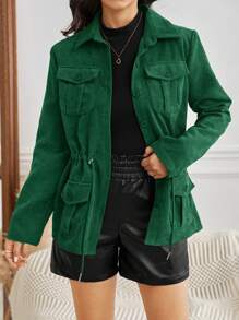 SHEIN Frenchy Women'S Drawstring Waist Long Sleeve Jacket - Dark Green - View 7
