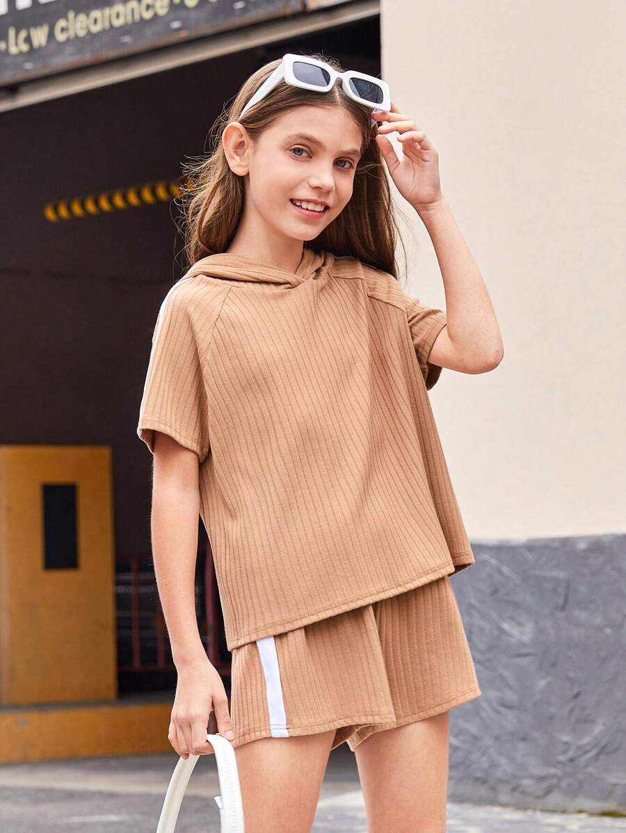 Cô gái Tween Dệt kim Màu thuần Tay Raglan Hoodie Và Lỏng lẻo Bộ quần short , Mùa hè - Màu Khaki - Xem 1