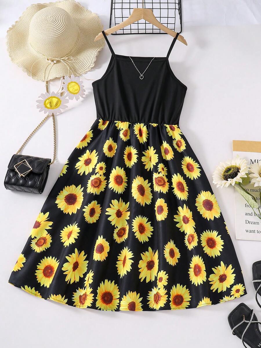 Vestido De Tirantes Con Estampado De Girasol Para Adolescentes
