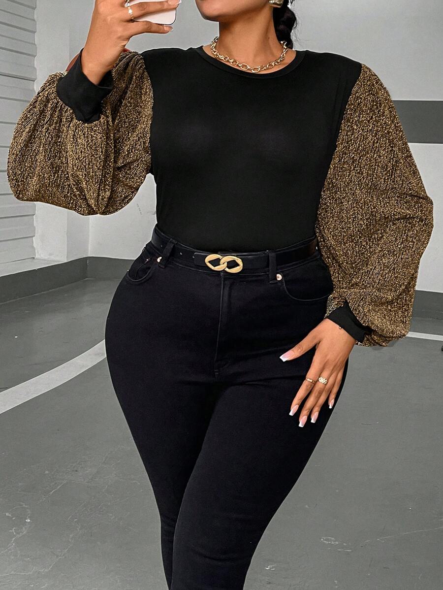 SHEIN BAE Plus Size Women's Color Block Lantern Sleeve Top - Black and Gold - View 1