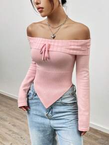 Flirla Drawstring Detail Cold Shoulder Asymmetrical Hem Knit Pullover Fall Winter Sweater - Pink - View 5