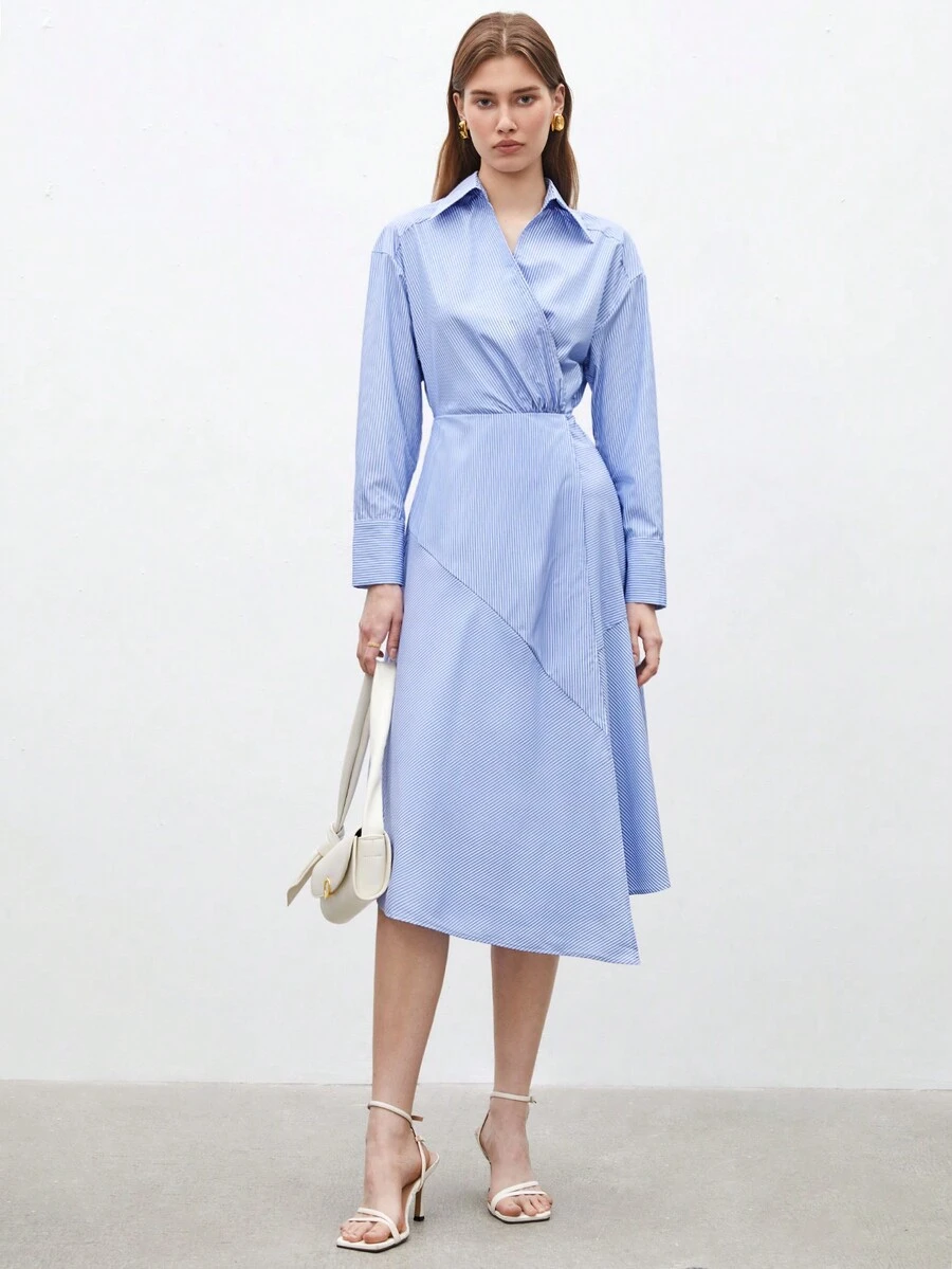BizChic Của phụ nữ Sọc Cổ áo sơ mi Đầm - Xanh và trắng - Xem 1