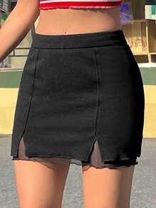 SHEIN EZwear Women's Mesh Splice High Slit Bodycon Skirt - Black - View 9