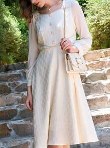 色塊長袖a字裙 - 杏色 - 查看 1