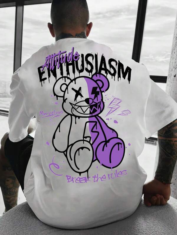 Manfinity ZONE917 Tricou cu mânecă scurtă pentru bărbați, cu imprimeu grafic urs și litere din desene animate, hip hop