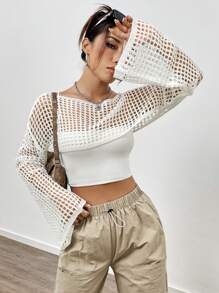 Flirla 女士空心編織短款毛衣上衣 - 彩色 - 查看 4