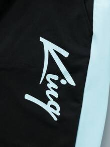 SHEIN Teenage Boys' Letter Print Hooded Two-Piece Set For Autumn/Winter - Black - View 8