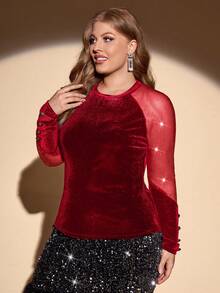 SHEIN Privé 大尺碼女款網布插肩長袖 T 卹 - 紅色 - 查看 3