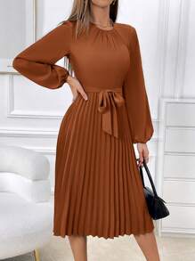 SHEIN Privé 女款百褶袖泡泡袖連衣裙 - 鏽棕色 - 查看 4