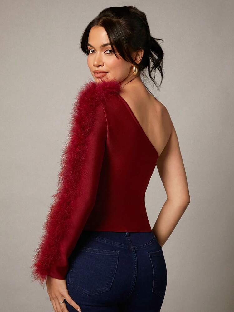 Valentine's Day Red Bandage Feather One Shoulder Long Sleeve Top