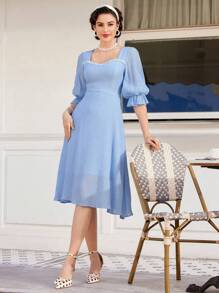 Vintamour Damen Kleid Mit Volantärmeln Und Herzförmigem Ausschnitt, Sommerkleidung - Blau - Übersicht 6