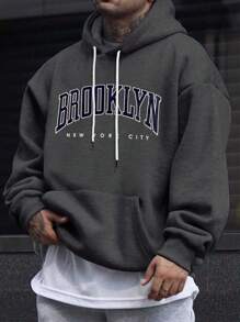 Manfinity LEGND Áo nỉ trùm đầu cỡ lớn in chữ cho nam, dành cho mùa thu, áo dài tay - Màu xám đen - Xem 1