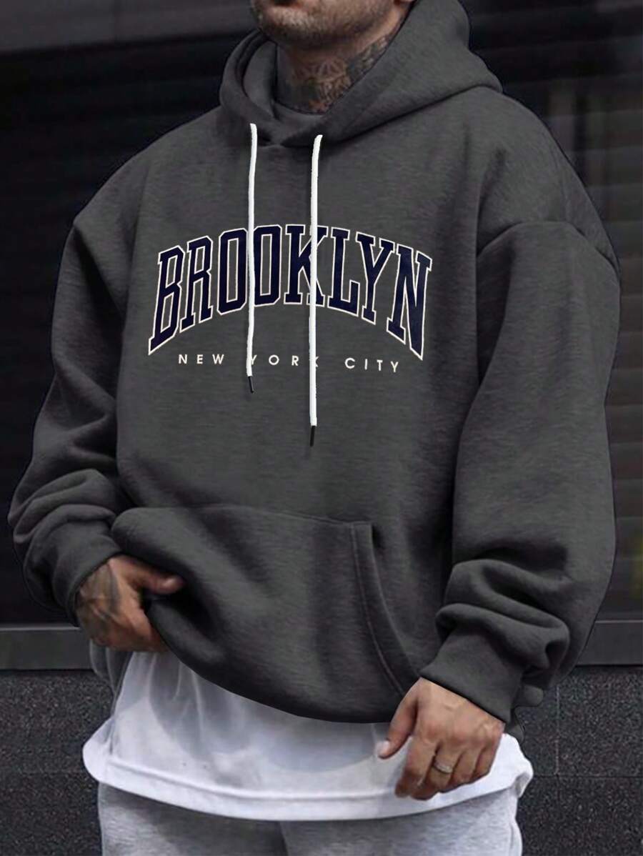 Manfinity LEGND Áo nỉ trùm đầu cỡ lớn in chữ cho nam, dành cho mùa thu, áo dài tay - Màu xám đen - Xem 1