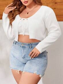 Plus Size Women Solid Color Long Sleeve Casual Knotted Front Cropped Cardigan - White - View 4