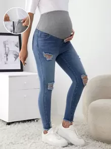 SHEIN Maternity Elastic Hole Jeans With Adjustable Waist And Tight Fit - Multicolor - View 1