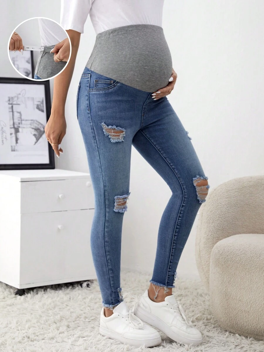 SHEIN Maternity Elastic Hole Jeans With Adjustable Waist And Tight Fit - Multicolor - View 1