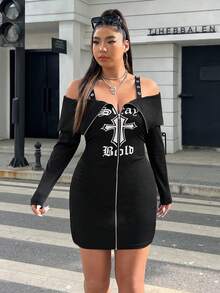 SHEIN ICON 大尺碼露肩十字與字母印花拉鍊連身裙 - 黑色 - 查看 5