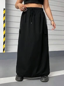 SHEIN EZwear Plus Size Side Stripe Drawstring Waist Cargo Skirt