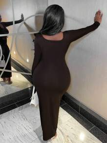 Slaydiva Vestido Marrón Con Cordón De Ajuste En La Cintura Y Corte En La Parte Delantera - Marrón - Ver 2