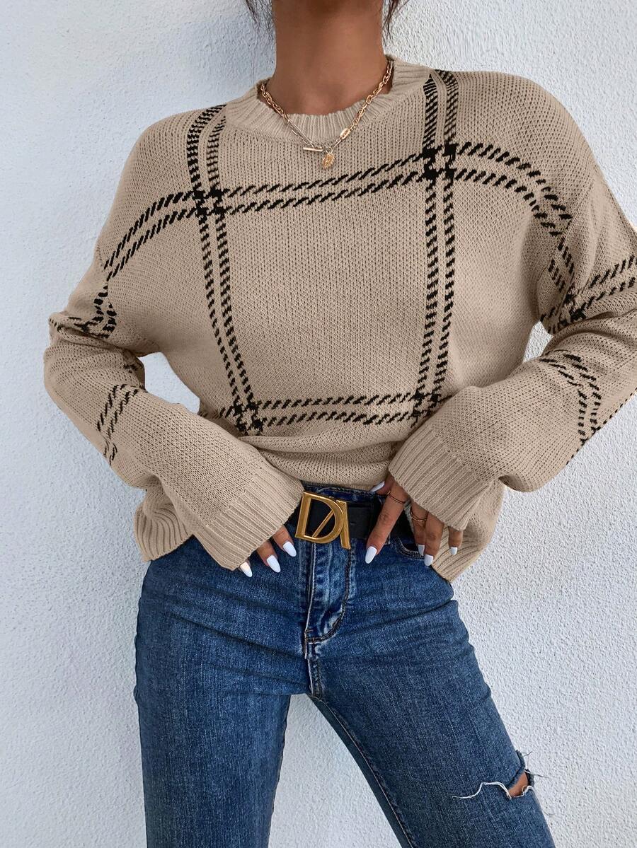 SHEIN Essnce 格紋垂肩針織毛衣 - 彩色 - 查看 1