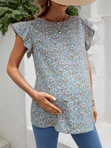 SHEIN Maternity Floral Print Ruffle Hem Blouse - Green - View 4