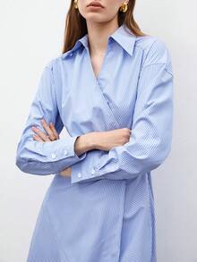 BizChic Của phụ nữ Sọc Cổ áo sơ mi Đầm - Xanh và trắng - Xem 7