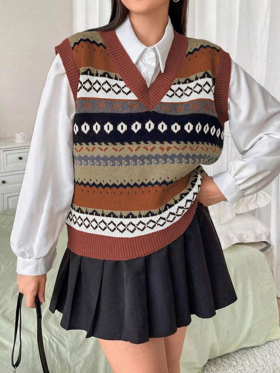 SHEIN Qutie Kích thước lớn Của phụ nữ Họa tiết Hình học Áo len vest - Nhiều màu - Xem 1