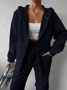 SHEIN Cottnline 女式帶帽拉鍊衫 - 藏蓝色 - 查看 6