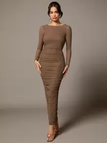 Silquee 卡其色网眼长袖褶皱大露背摆领交叉带长款紧身性感连衣裙 - 駝色 - 查看 4