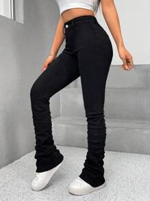 SHEIN PETITE Solid Slant Pocket Stacked Jeans - Black - View 1