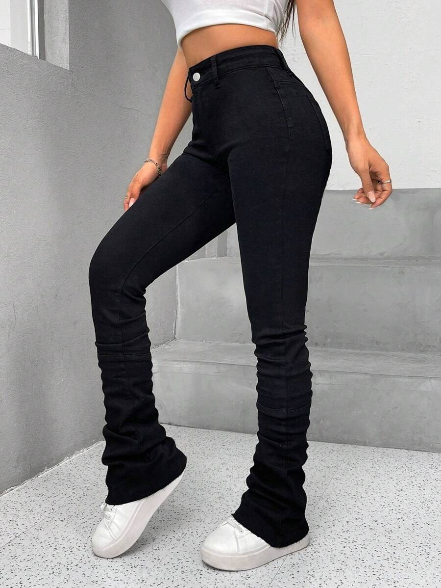 SHEIN PETITE Solid Slant Pocket Stacked Jeans - Black - View 1