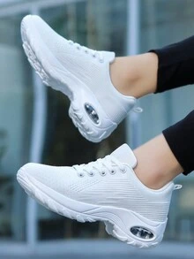 女式綁帶飛織時尚跑鞋,氣墊運動休閒鞋,網面吸震運動鞋 - 白色 - 查看 1