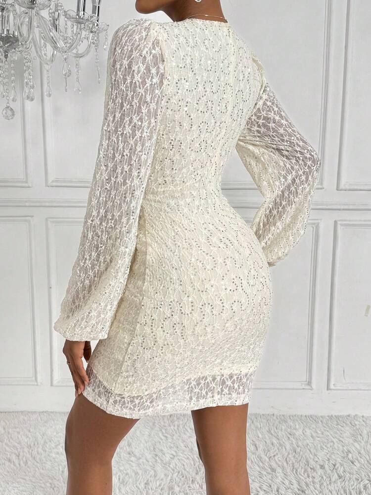 Women'S Sparkly Lantern Sleeve Wrap Neckline Dress