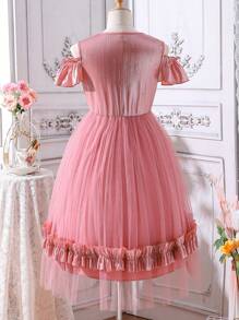 SHEIN Cô gái Tween Sành điệu & Nhấp nháy Chất vải Vá lại Đầm Với Đáng yêu 3D Trang trí Hoa , Mùa xuân/Mùa hè - Hồng - Xem 2