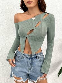 SHEIN Unity Women's Asymmetrical Neckline Cut Out Long Sleeve T-Shirt - Black - View 5