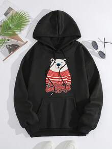 Christmas Print Kangaroo Pocket Warm Lined Hoodie - Black - View 6