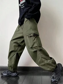 ROMWE MEN Street Life 男士有蓋口袋側拉繩腰帶工作褲 - 軍綠色 - 查看 6
