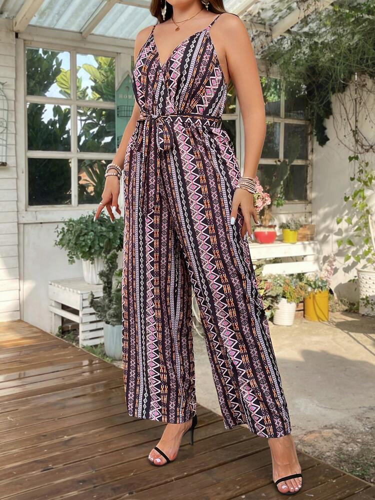 Plus Size Geometric Printed Jumpsuit With Belt