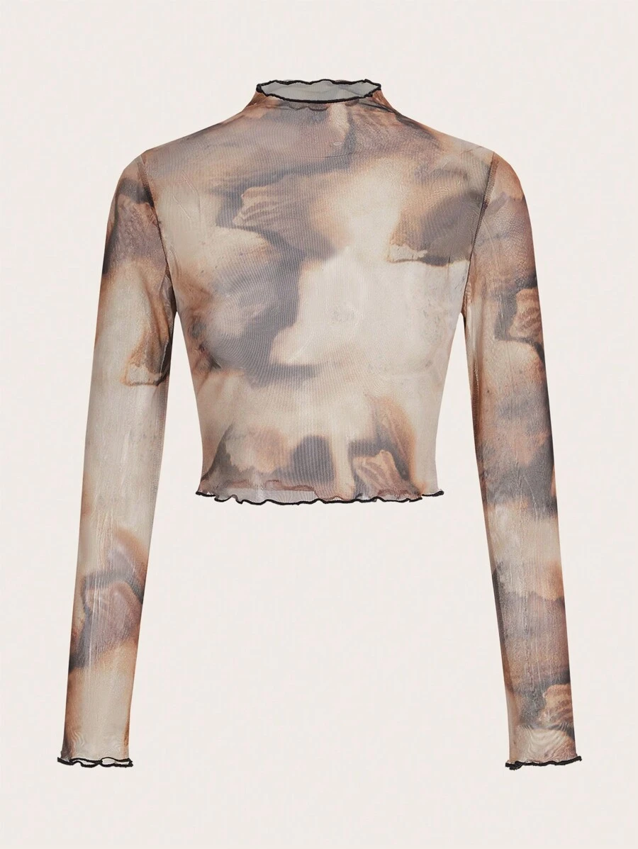 SHEIN EZwear Women's Lettuce Edge Tie Dye Mesh Top - Apricot - View 1