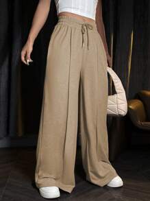 SHEIN Unity Women's Solid Drawstring Waist Wide-Leg Sweatpants - Apricot - View 3