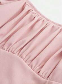 SHEIN Teen Girls' Knit Solid Color Square Neck Puff Sleeve Casual Dress - Pink - View 4