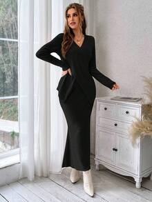 SHEIN Privé 女用羅紋前交叉長袖t卹+魚尾裙2件/套 - 黑色 - 查看 5